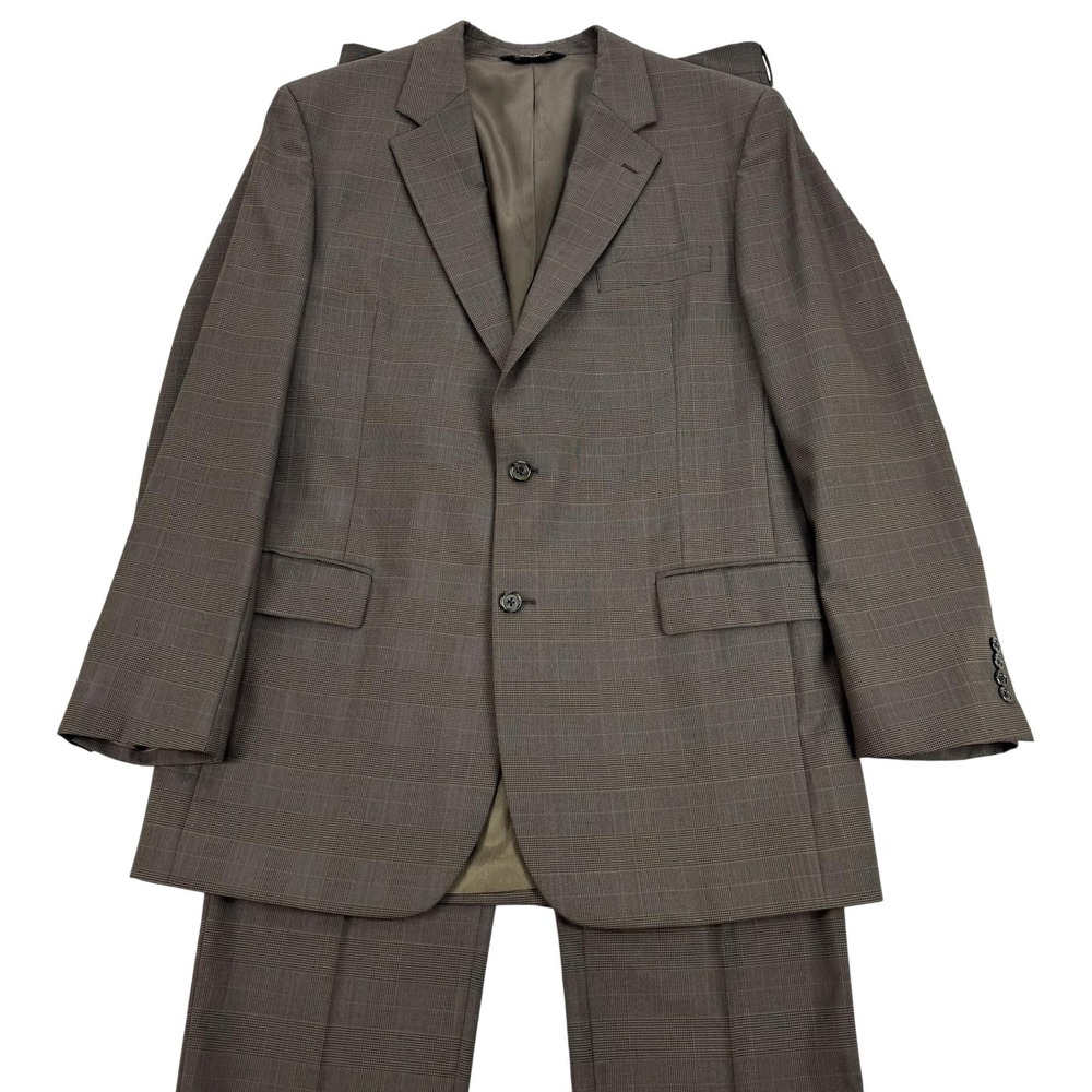 Jos A Bank Suit Mens 44 Long Brown Glen Plaid Wool 2 Piece Pants 36x32 Business